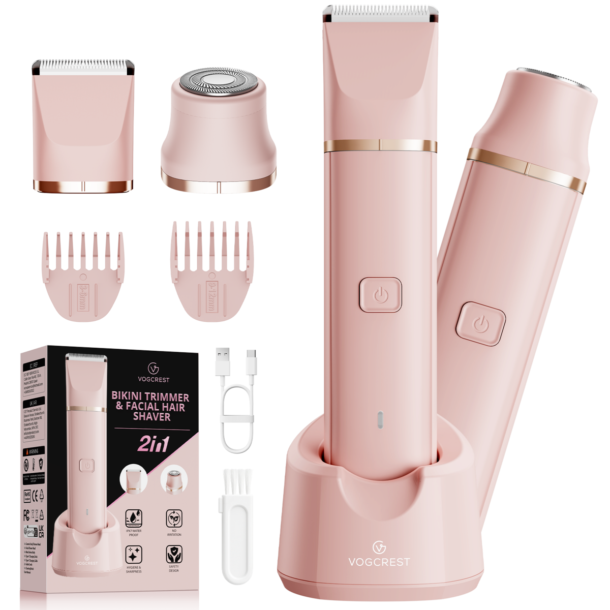 VG VOGCREST Bikini Trimmer for Women: 2-in-1 Painless Body Shaver for Underarm Leg Arm with Length Combs - Portable Travel Friendly Pubic Grooming Kit - Rechargeable Electric Razor with Charging Dock