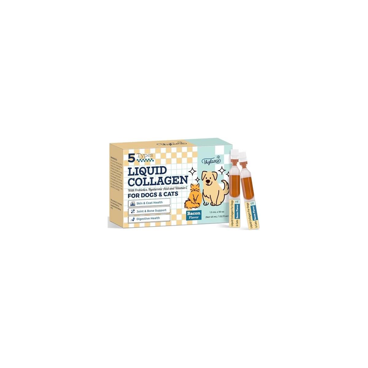 Collagen for Dogs - Liquid Collagen for Dogs & Cats with 5 Collagen Types(I, II, III, V & X) for Skin & Coat, Itch Relief, Hip & Joint, Plus 30B CFU Probiotics, Hyaluronic Acid & Vitamin C,30 Ampoules