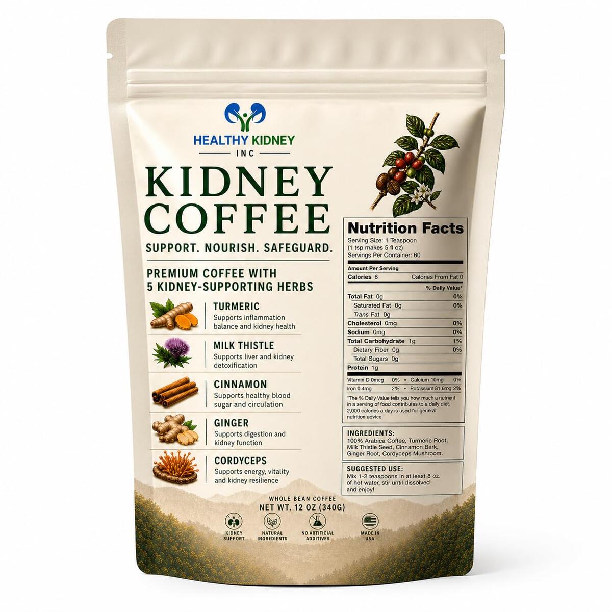 Kidney Tea Substitute, Healthy Drink For Kidneys, Coffee for Kidneys with Herbal Blend, Alternative to Kidney Tea for Kidney Health Support Drink. Cinnamon, Ginger, Turmeric, Cordyceps, Milk Thistle