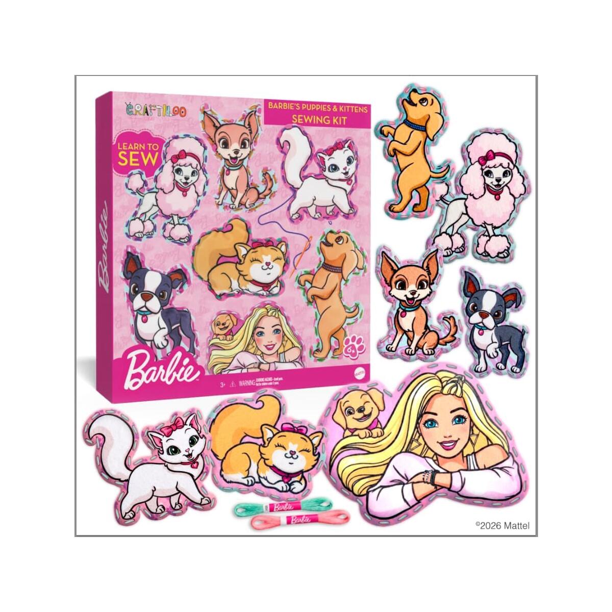 Barbie&reg; Sewing Kit for Kids Ages 6-12 - Sew Your Own Puppy and Kitten Felt Pet Craft with Stuffing | Beginner Arts and Crafts Gift for Girls