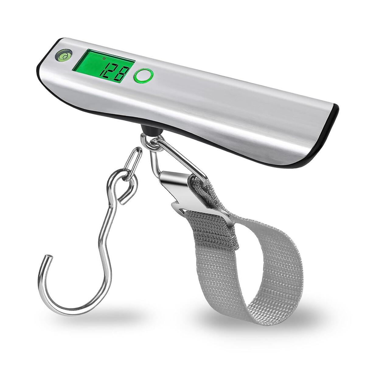 110lb Digital Luggage Scale with Overweight Alert for Air Travel Bubble Level, 3 ft Tape Measure, Backlit LCD Display, Portable Archery Bow Scale for Travel, Fishing, Hunting, Home Use
