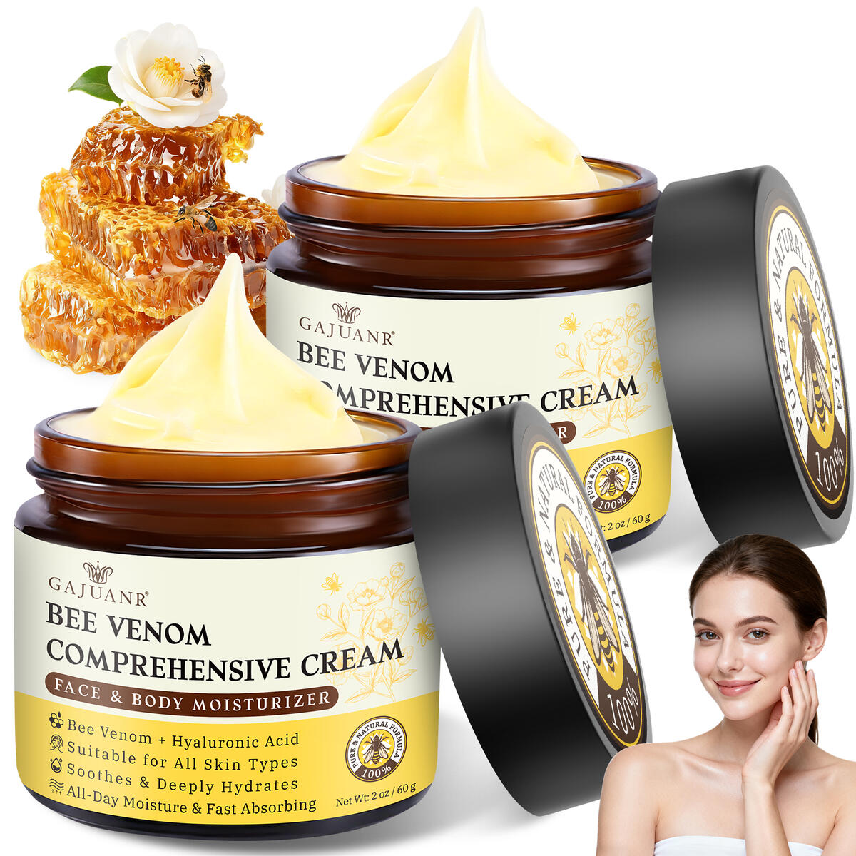 Bee Venom Comprehensive Cream, Bee Venom Skin Treatment Cream, All-in-One Nourishing Treatment with Hyaluronic Acid, Lifting Firming Repair Moisturizer, Natural Gentle Formula for All Skin, 60g * 2PCS