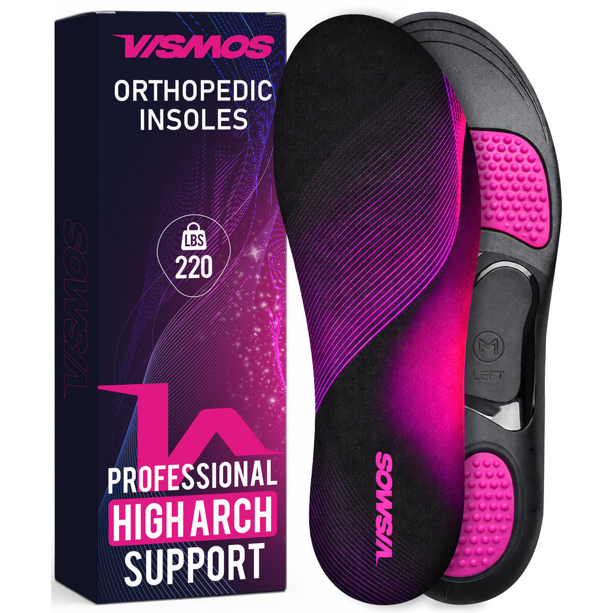 VISMOS Premium High Arch Support Inserts Women &ndash; Plantar Fasciitis Relief &ndash; Pink Orthopedic Insoles for Women, 220+ Lbs &ndash; for Flat Feet & Anti Fatigue