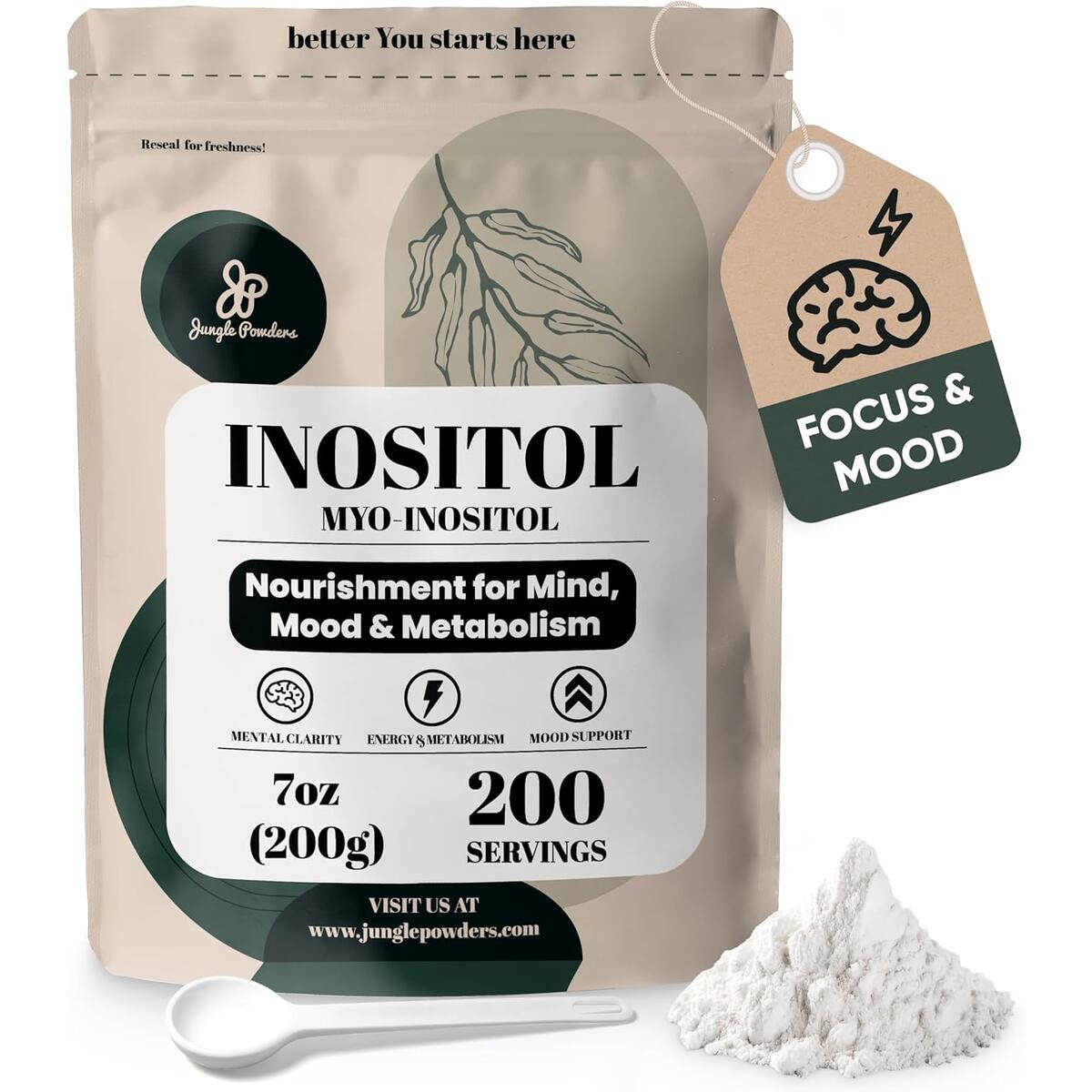 Jungle Powders Inositol Powder 7 Ounce Bag - Unflavored, Vegan, Non-GMO Supplement 7-Month Supply Myo Inositol Supplement for Women Hormone Balance & Ovarian Function Support* 200 Servings with Scoop