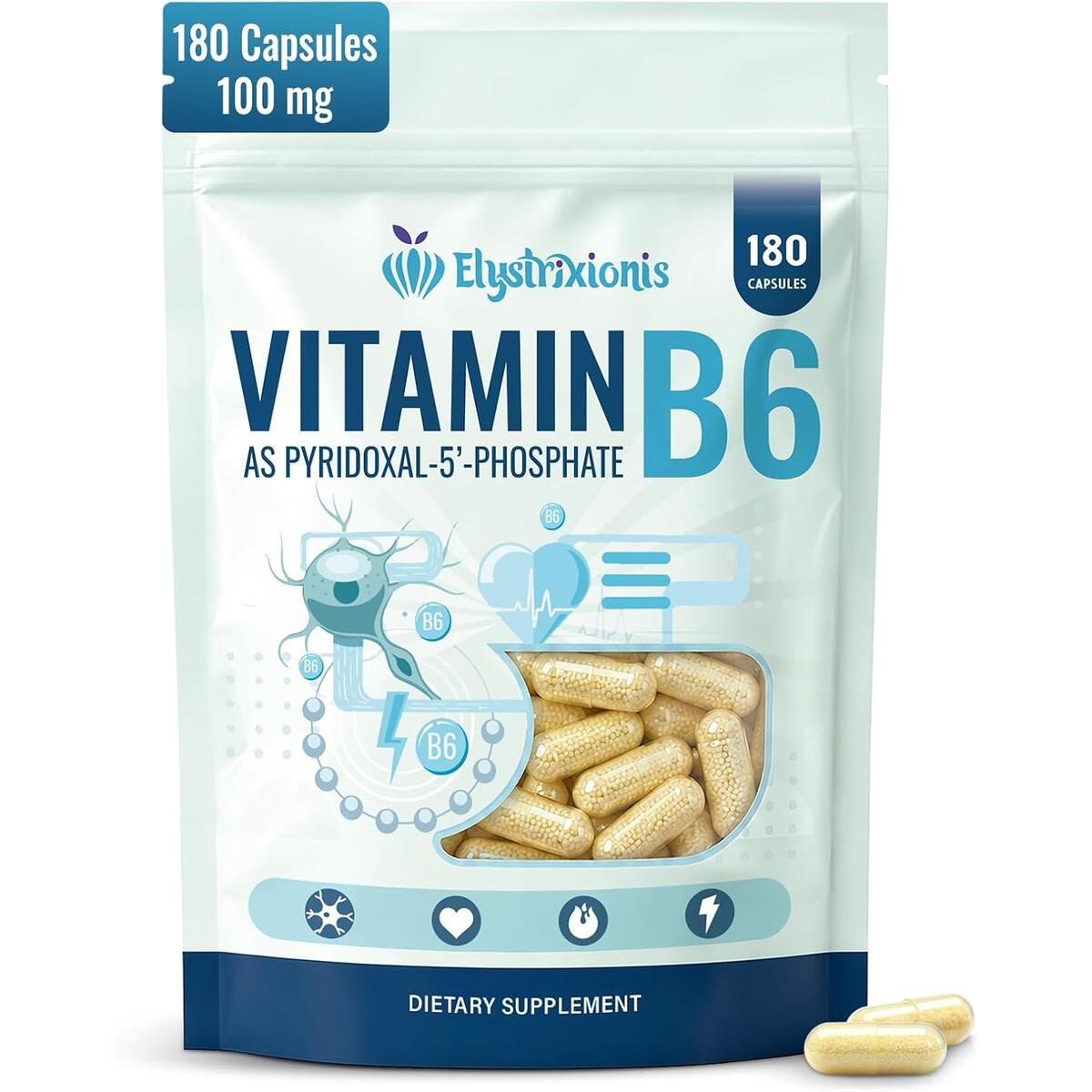 P5P Vitamin B6 100 mg Supplement, 180 Micro Pellet Capsules Active P5P Form, Daily Wellness, Energy Metabolism, Micro Pellet Technology, 6-Month Supply