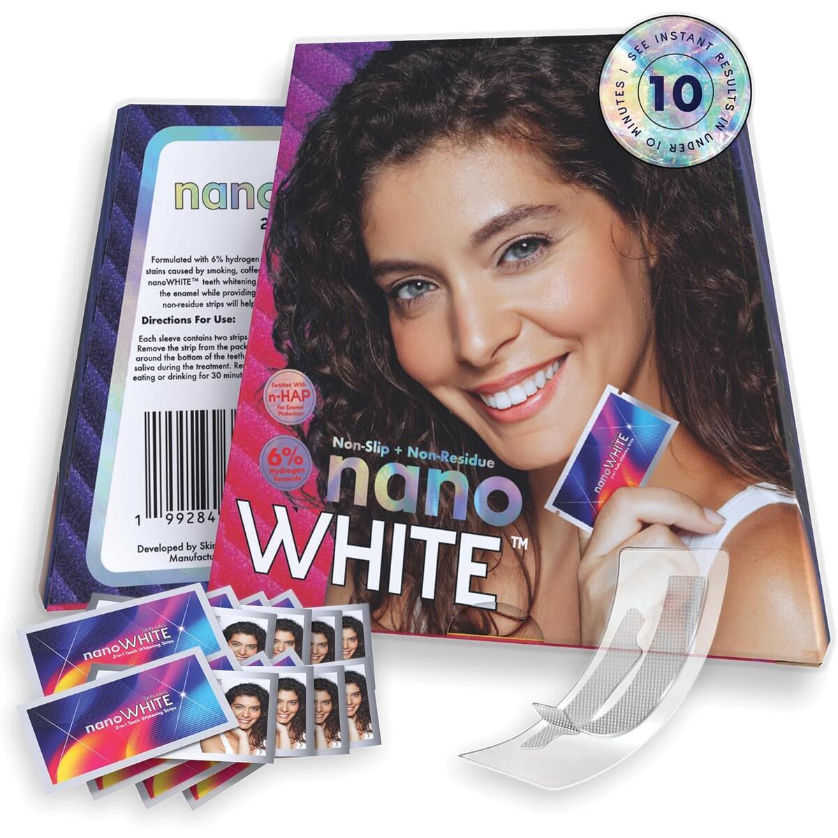 nanoWHITE 2-in-1 Teeth Whitening Strips | Professional Hydrogen Peroxide + Enamel-Repairing Nano-Hydroxyapatite | 28 No-Residue, Non-Slip Strips | Up to 8 Shades Whiter | Safe for Sensitive Teeth
