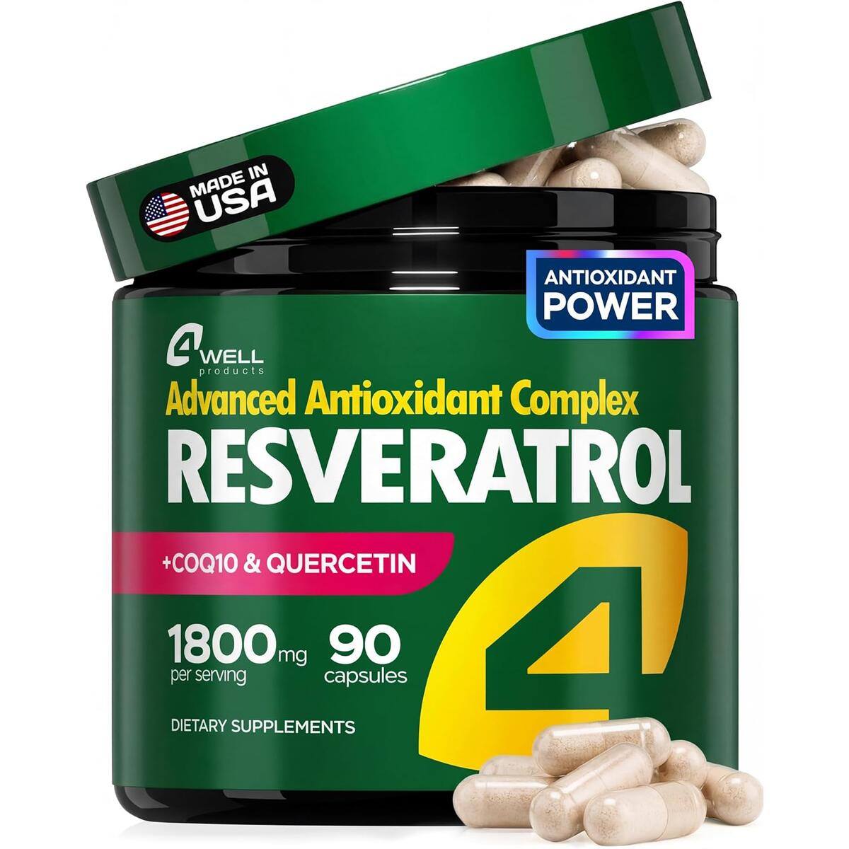 Resveratrol Supplement 1800mg Complex - COQ10, Quercetin, Vitamin E, Calcium Ascorbate - Powerful Antioxidant Formula for Enhanced Energy Heart Health & Healthy-Aging Support Trans Resveratrol 90 Caps