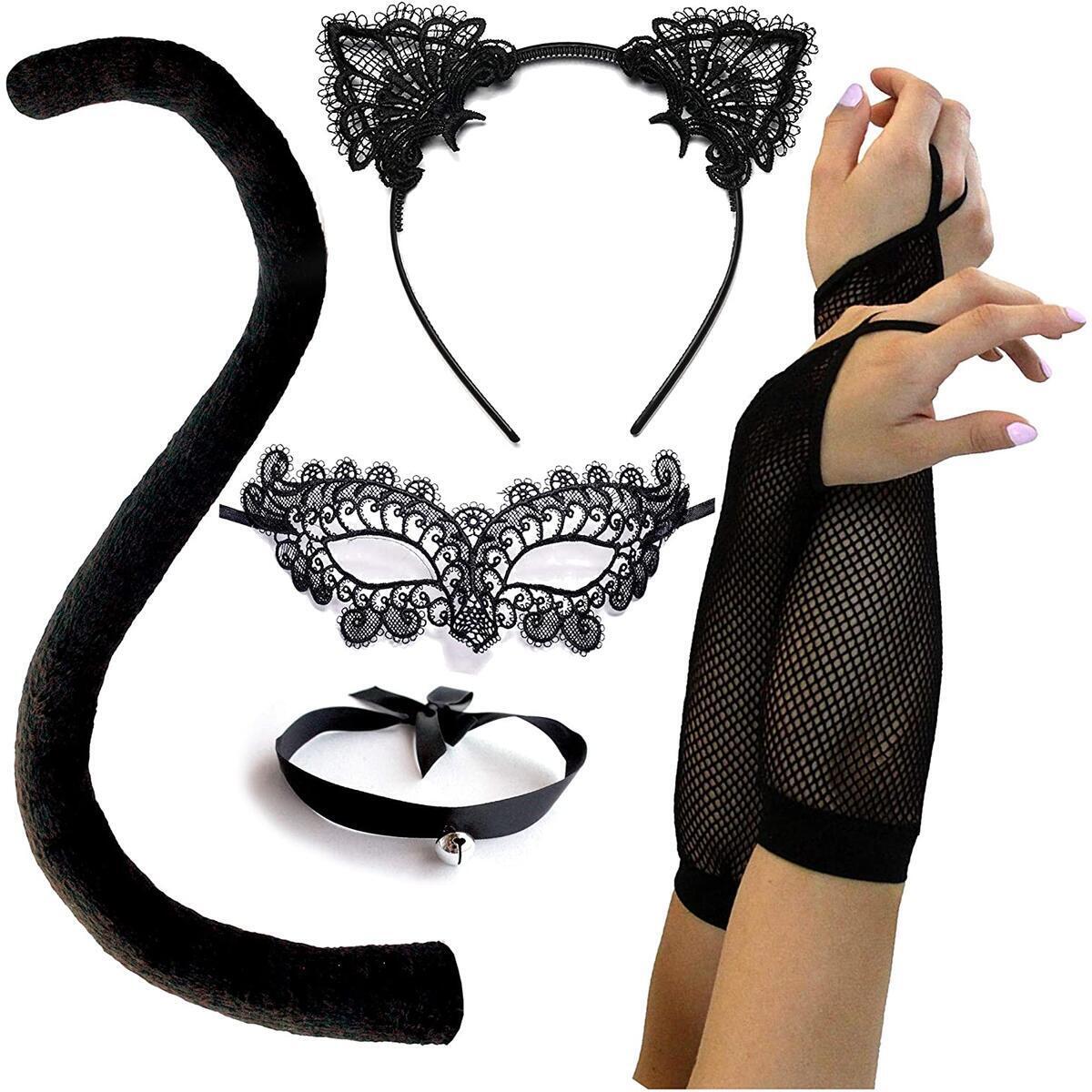 Sexy Cat Costume (Cat Lingerie)- 5 Pc Lace Catwoman Costume For Adult Women
